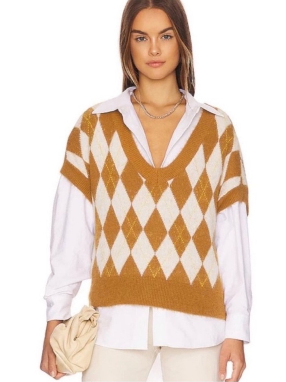 Free People brown argyle through the motions cropped fuzzy sweater vest M